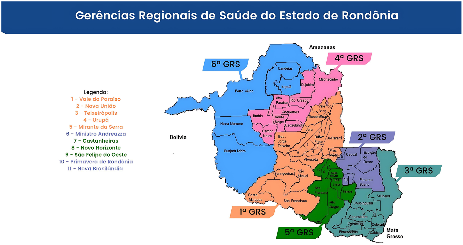 mapa ilustrativo das gerências regionais de saúde do Estado de Rondônia